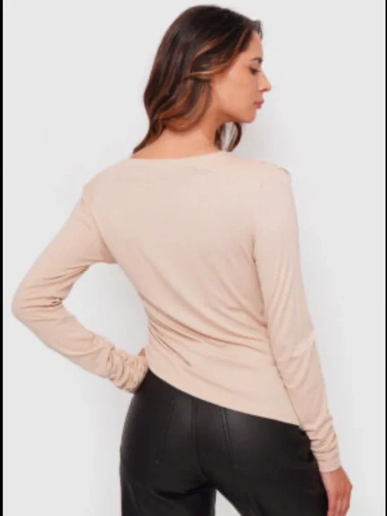 Long Sleeve Draped Neck Top in Light Beige - Picture 6 of 17